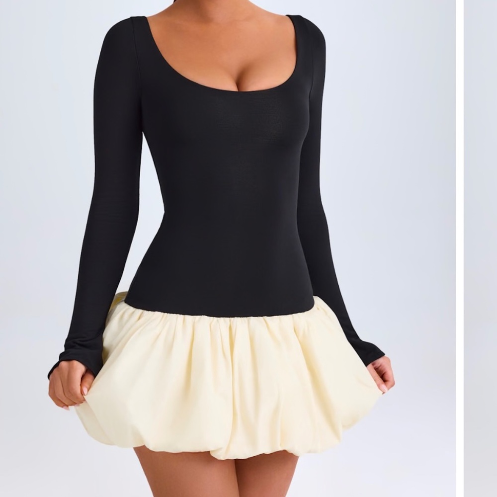 Scoop-Neck Drop-Waist Bubble Hem Mini Dress in Vanilla